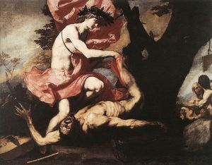 Apollo obdziera Marsjasza ze skóry,Jusepe de Ribera, olej na płótnie, [źródło zdjęcia].