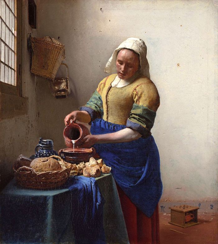 Mleczarka lub Nalewająca mleko, ok. 1660, Jan Vermeer, Rijksmuseum, Amsterdam, [źródło zdjęcia]